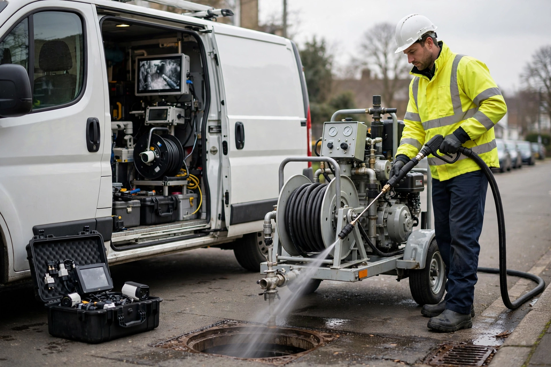 Drainage engineer operating a high-pressure water jetting unit beside a service van with CCTV drain inspection equipment