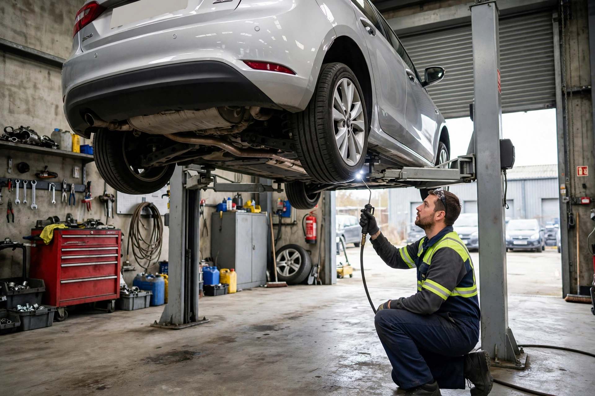 Car raised on a hydraulic lift in a UK MOT garage workshop with a technician inspecting the vehicle