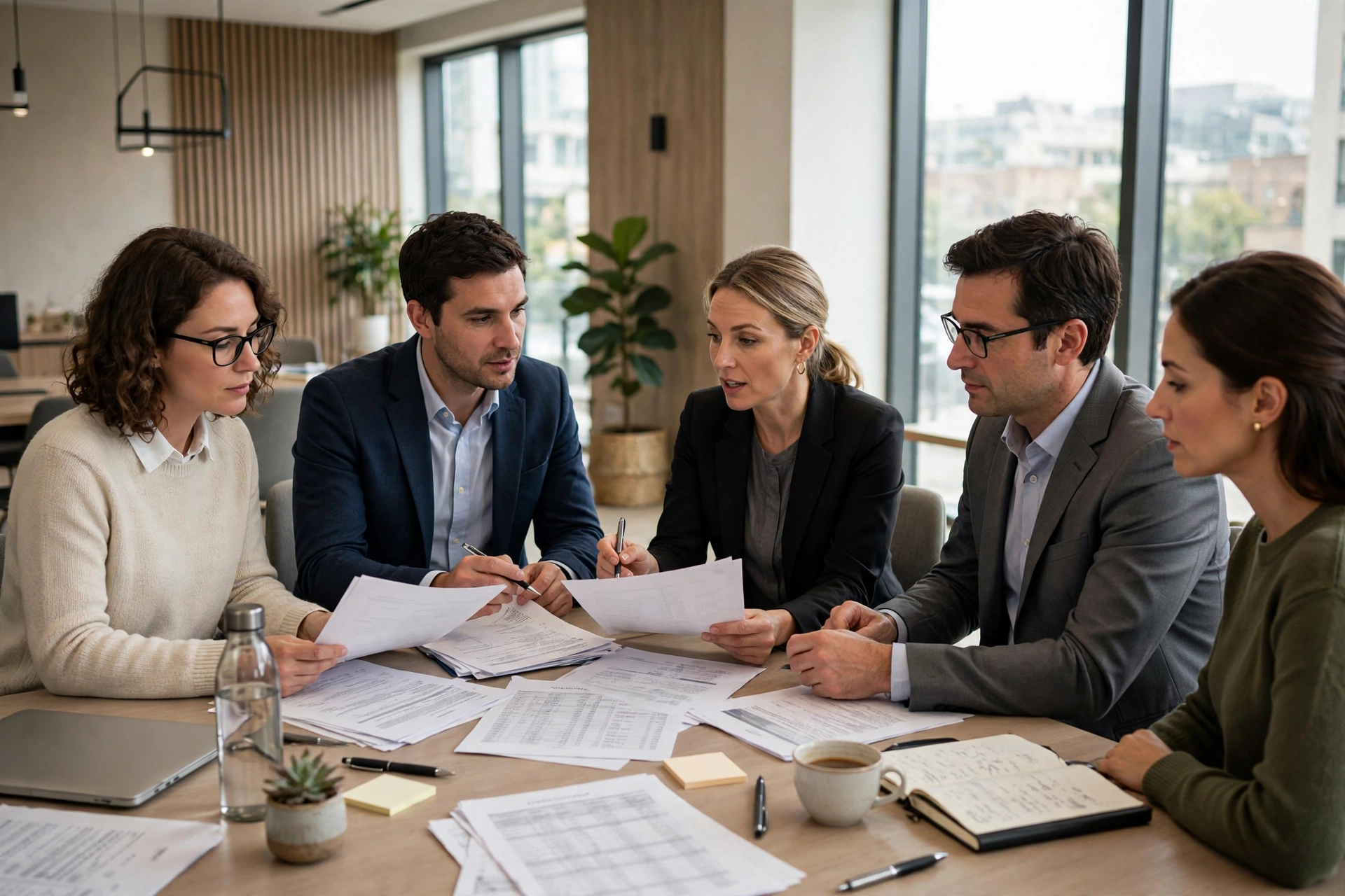 Accountants and consultants reviewing documents together in a modern office meeting